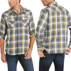 Ariat Alhambra‎ Grey Yellow Plaid Retro Fit Pearl Snap Lightweight Flannel - M